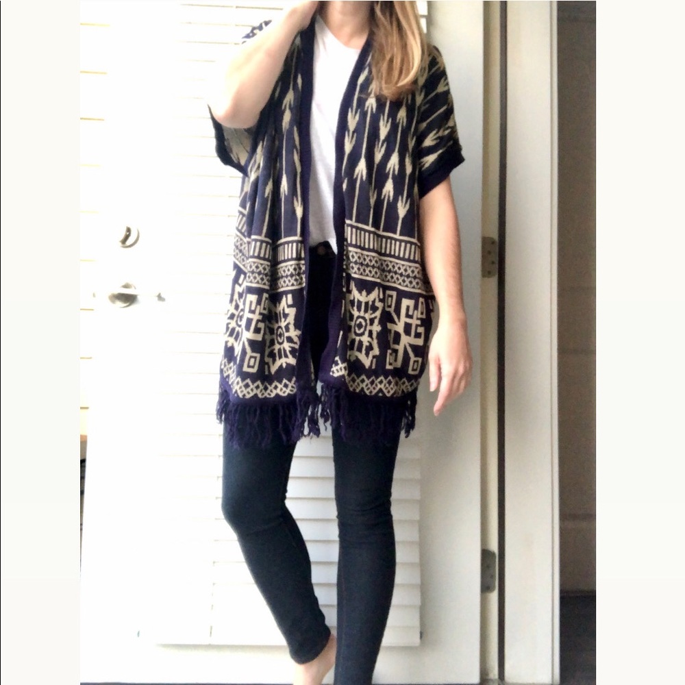 Blue Aztec Print Open Front Knit Kimono Size S - Picture 6 of 6